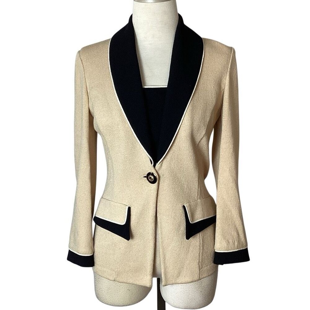 St. John Collection Beige Black Knit Blazer Sz 2 Removable or Reversible Dickey